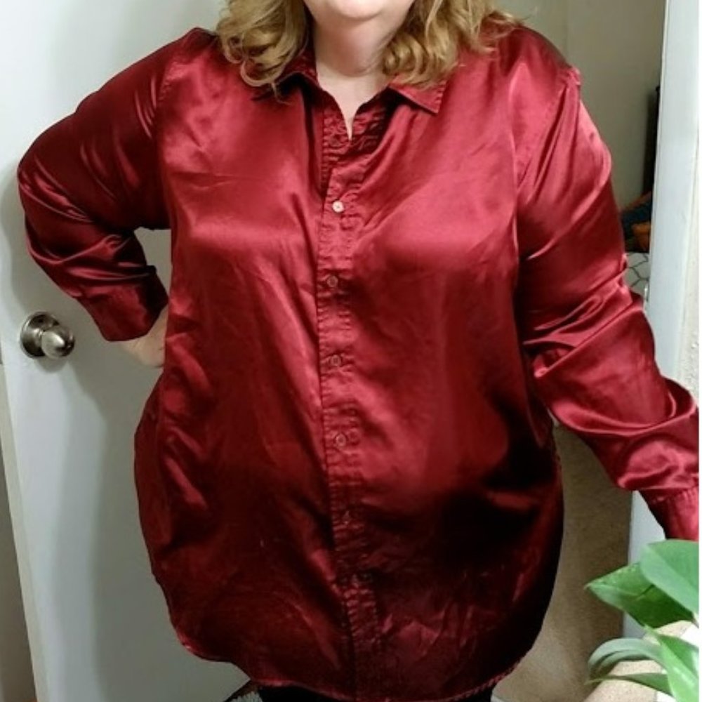 Burgundy Satin Long Sleeve Button Shirt Plus 30W